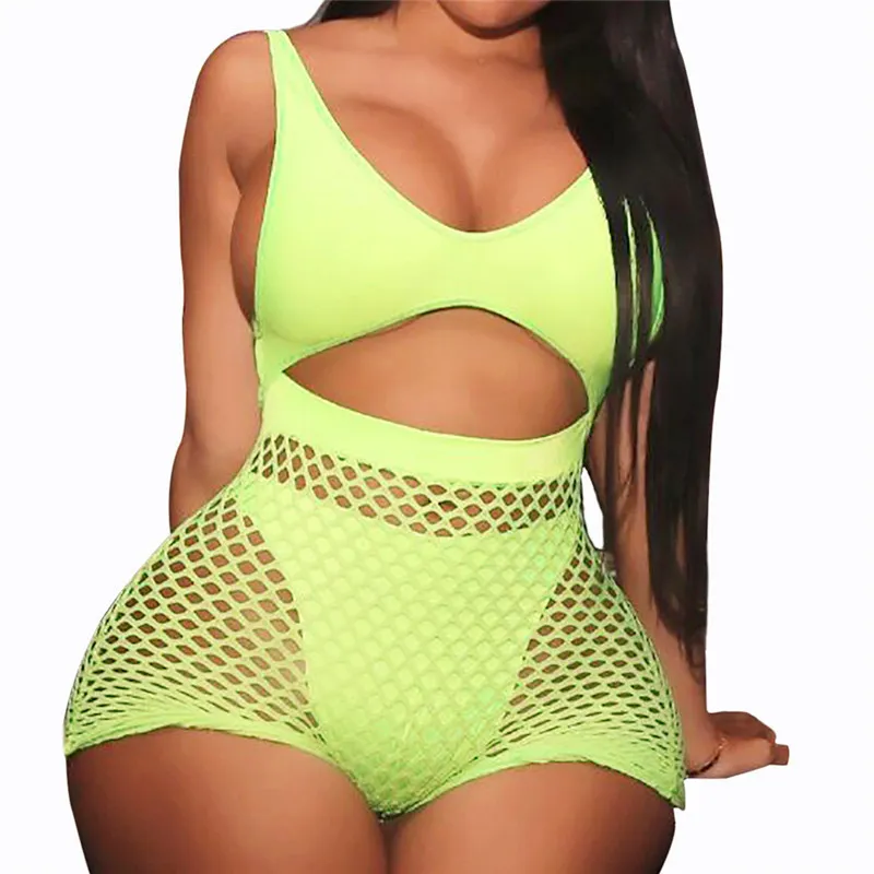 Women Sexy Two Piece Fishnet Swimwear High Waist Shorts 2 Pieces Bikini Set Tanga Swimming Suit Push Up Mesh Neon Swimsuit Y19062901