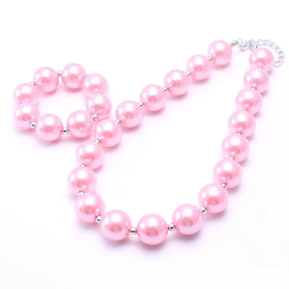 Baby Pink Pearl Kid Chunky NecklaceBracelet Set Lovely Children Girl Toddler Bubblegum Chunky Bead Necklace Jewelry Set