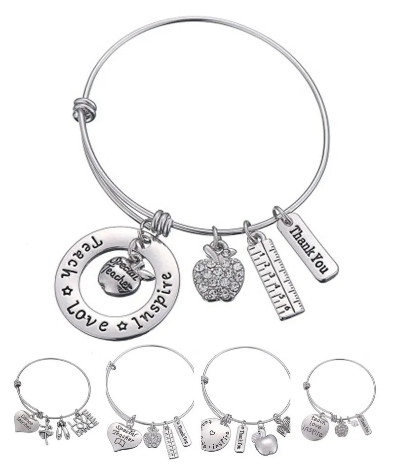 Love Inspire Teach White Crystal Apple Liniaal Armband RVS Hanger Bangle Sieraden Cadeau Leraar Vriend DLH2045802083