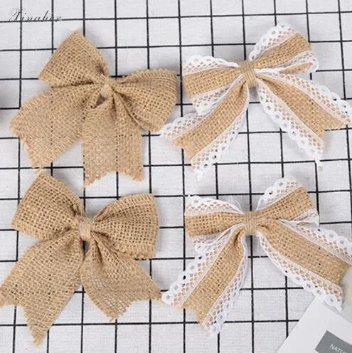 Jute Burlap Bow Vintage Natural Jute Burlap Hessian Bows Lace Ribbon Wedding Decoration Rustic Mariage Jute Burlap Ribbon Bow Knot Top