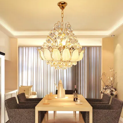 Modern Golden Crystal Chandeliers Lights Fixture LED American Chandelier Lotus Flower Home Indoor Lighting Hall Bed Living Room Hanging Lamp