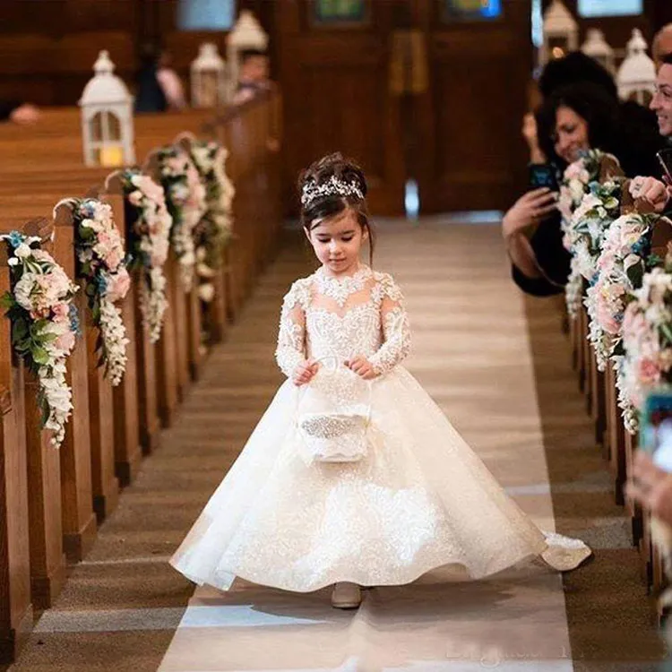 Novo lindo 2020 vestidos de flores de renda branca para contas de casamento jóia pescoço mangas compridas uma linha princesa meninas vestidos de noiva