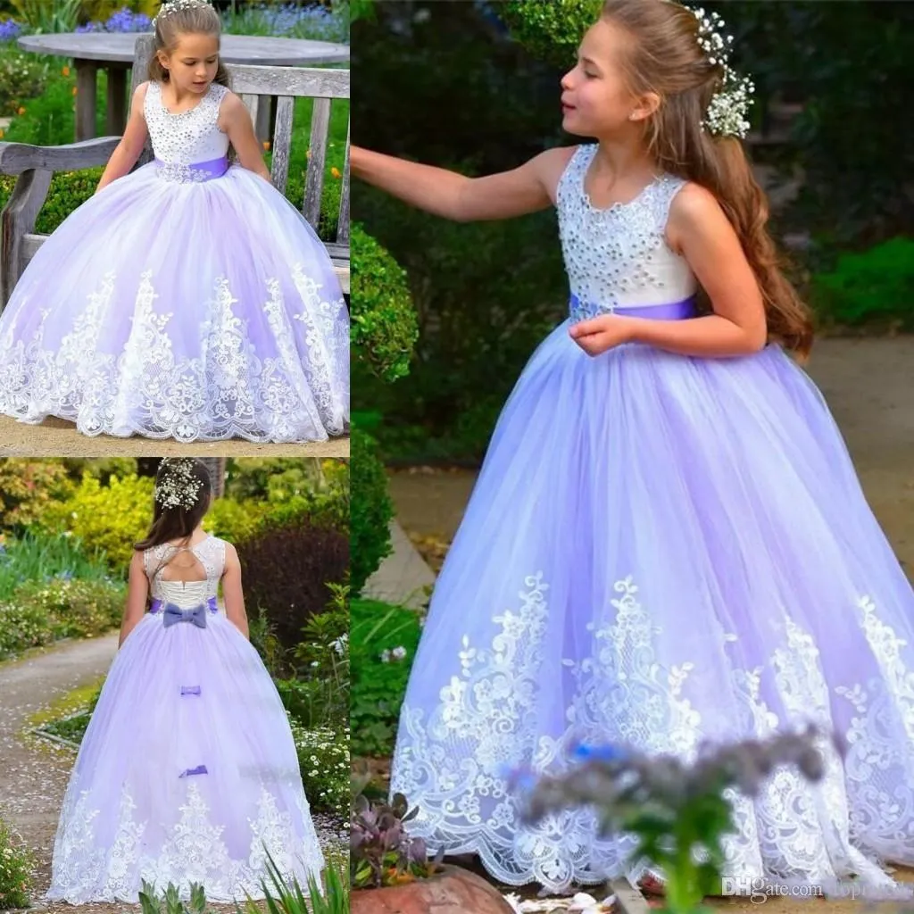 Vestito da bambina elegante fiore di luce viola Matrimoni da principessa Perle a girocollo con applicazioni Appliques Abito da comunione lungo per bambini