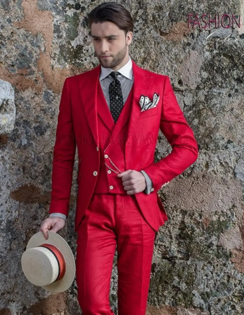 Moda Red Groom Tuxedos Peak Lapel Groomsmen Mężczyzna Suknia Ślubna Doskonała Kurtka Mężczyzna Blazer 3 Piece Suit (Kurtka + Spodnie + Kamizelka + Krawat) 951