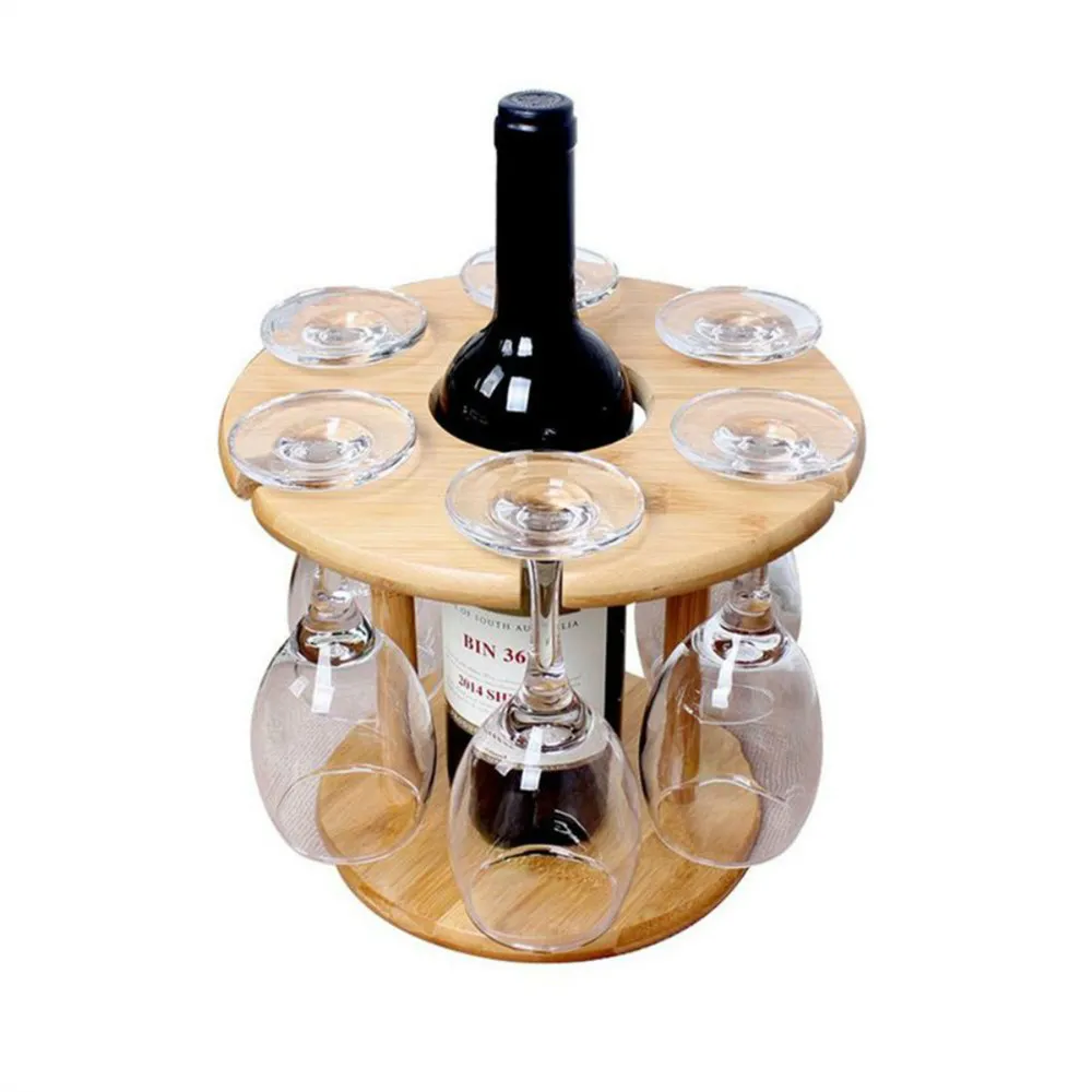 Ventes chaudes HOT-Wine Glass Holder Bamboo Tabletop Wine Glass Drying Racks Camping pour 6 verres et 1 bouteille de vin