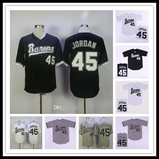 남성 저렴한 Birmingham Barons 45 Michael MJ 영화 야구 봉제 유니폼 모든 스티치 스포츠 셔츠 사이즈 S-4XL 블랙 화이트 그레이 무료 배송