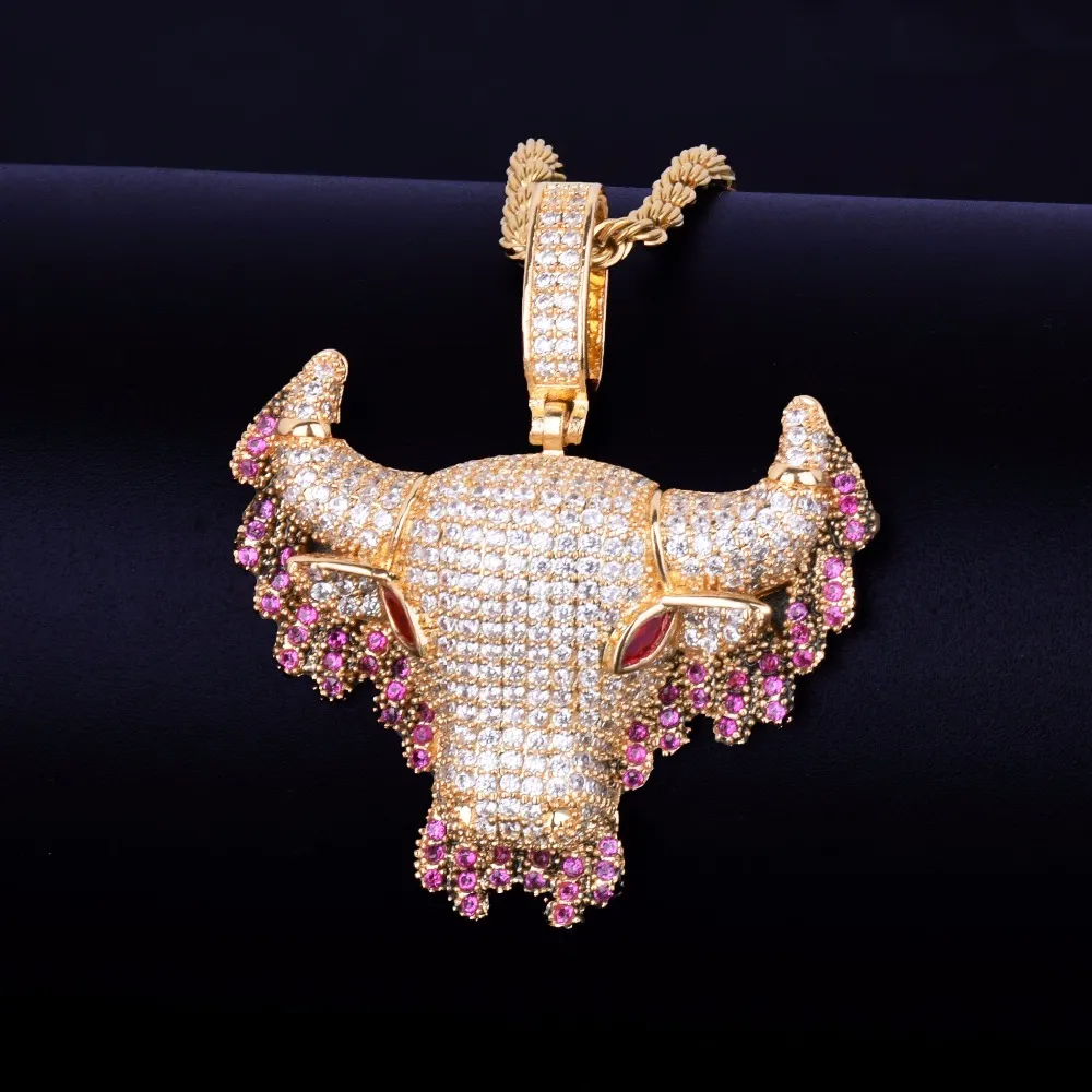 Animal Rosa Gotejamento Vaca Colares Pingente corda Cadeia De Prata De Ouro Cor Bling Cubic Zircon Hip Hop Colar Dos Homens de Jóias