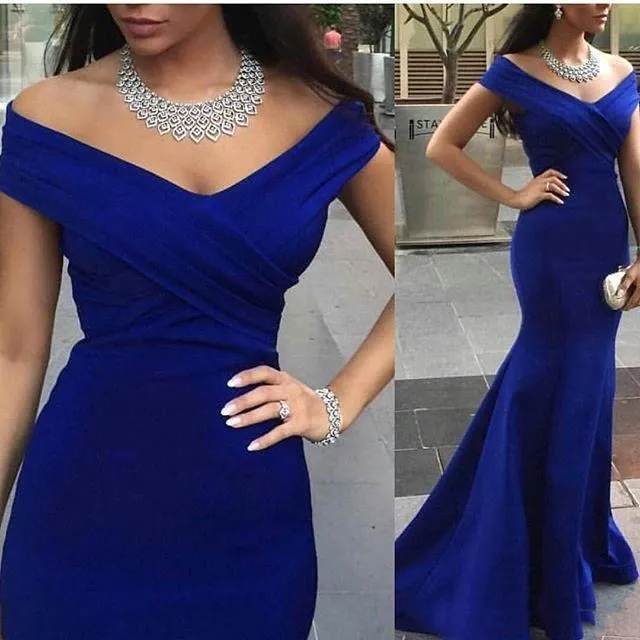 로얄 블루 OFF 어깨 긴 이브닝 드레스 인어 2019 아랍어 공식 파티 신부 들러리 댄스 파티 드레스 BM0948