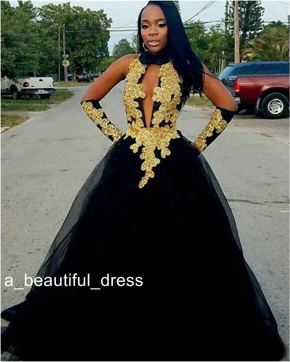 Mode Black Gold Appliques Prom Dresses Halter Backless Bead Sequin Keyhole Evening Gown Organza Long Prom Dress Ed1157