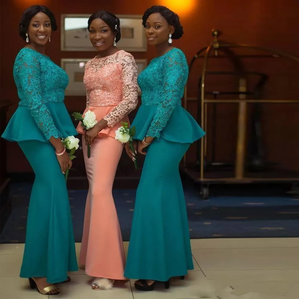 ASO EBI VINTAGE DRITHAIDS SURESY Coral Syrenka koronkowa z koronkową rękawem z Peplum Long Maid of Honor Wedding Guest Prezenta