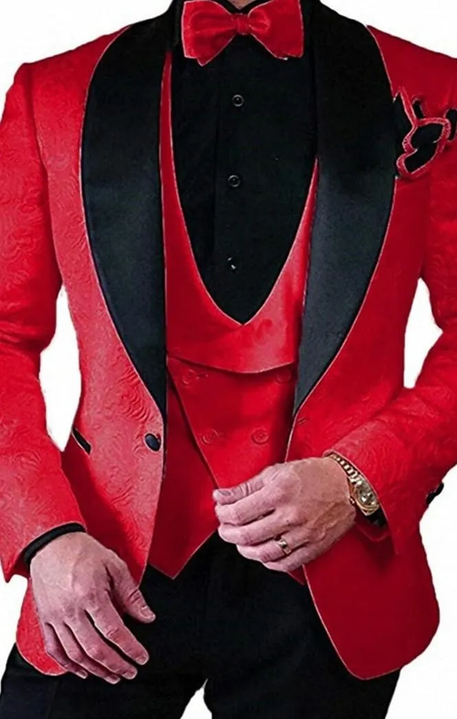 Moda Czerwony Tłoczenie Groom Tuxedos Szal Lapel Bridgroom Blazer Mężczyźni Formalne Garnitury Prom Party Garnitury (Kurtka + Spodnie + Kamizelka + Kamizelka) 66
