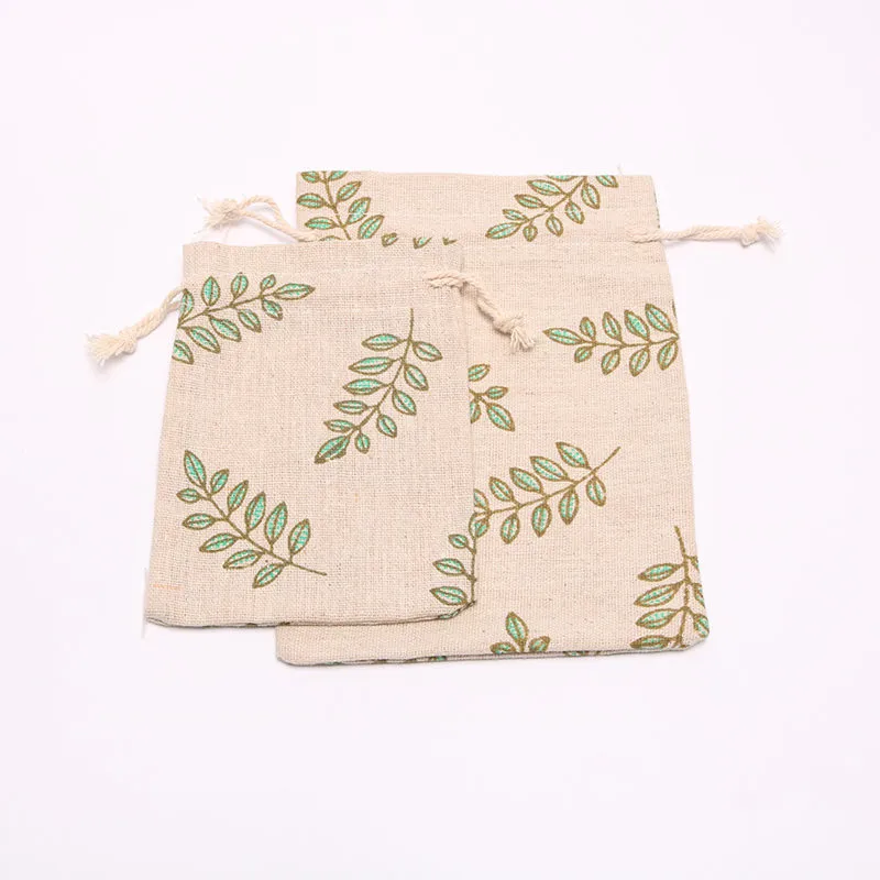Green Leaves Design Cotton Bag Drawstring Gift Bag Muslin Bracelet Jewelry Packaging Bags Pouches Fast Shipping NO422