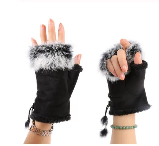 Mode Damen Faux Kaninchenfell Hand Handgelenkwärmer Halbfingerhandschuhe Winterhandschuh GB1328