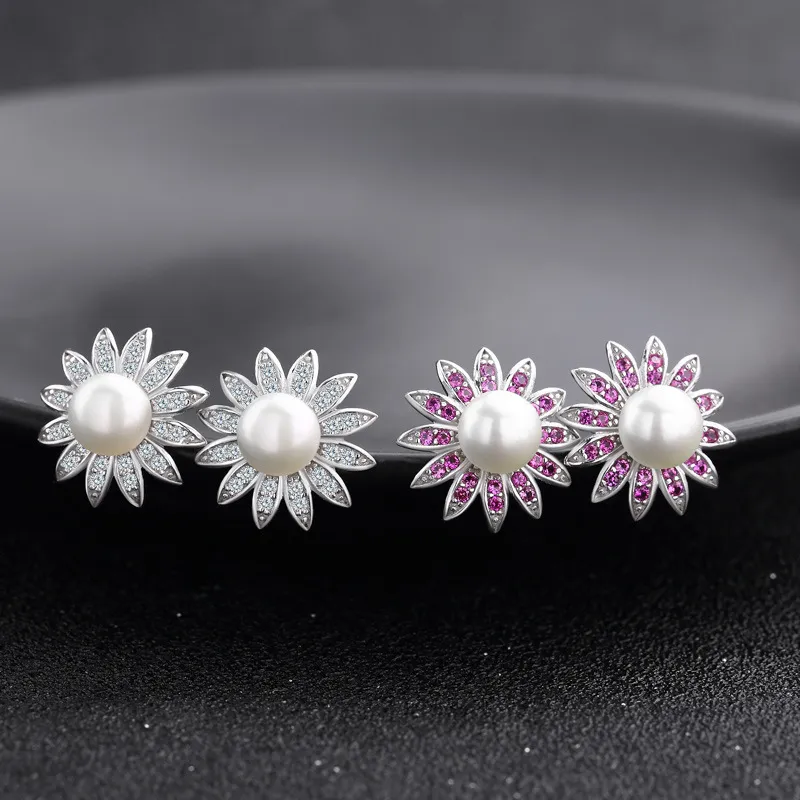 Groothandel-mode populaire luxe klassieke ontwerper diamant zon bloem parel S925 Sterling zilveren oorknopjes voor vrouw