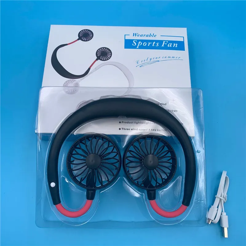 2019 Portabel USB-uppladdningsbart halsband Lazy Neck Hängande Dual Air Cooling Fan Sport 360 graders roterande hängande nackfläkt 1200mAh