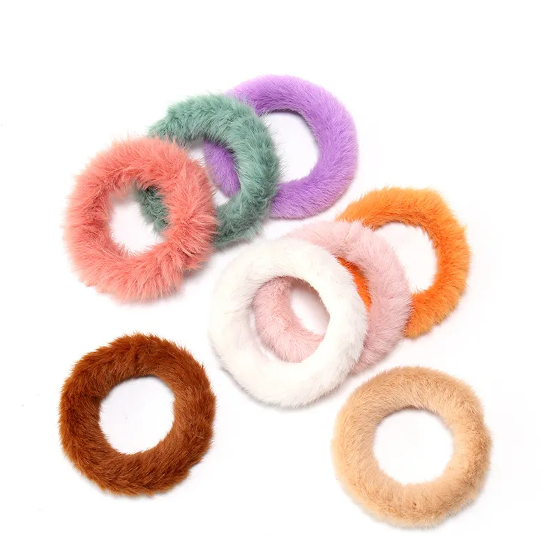 wrabbit fur scrunchie plush hair rope ناعم مرنة عصابات الشعر لطيف نساء نساء ذيل حصان الشعر ملحقات الشعر الموضة