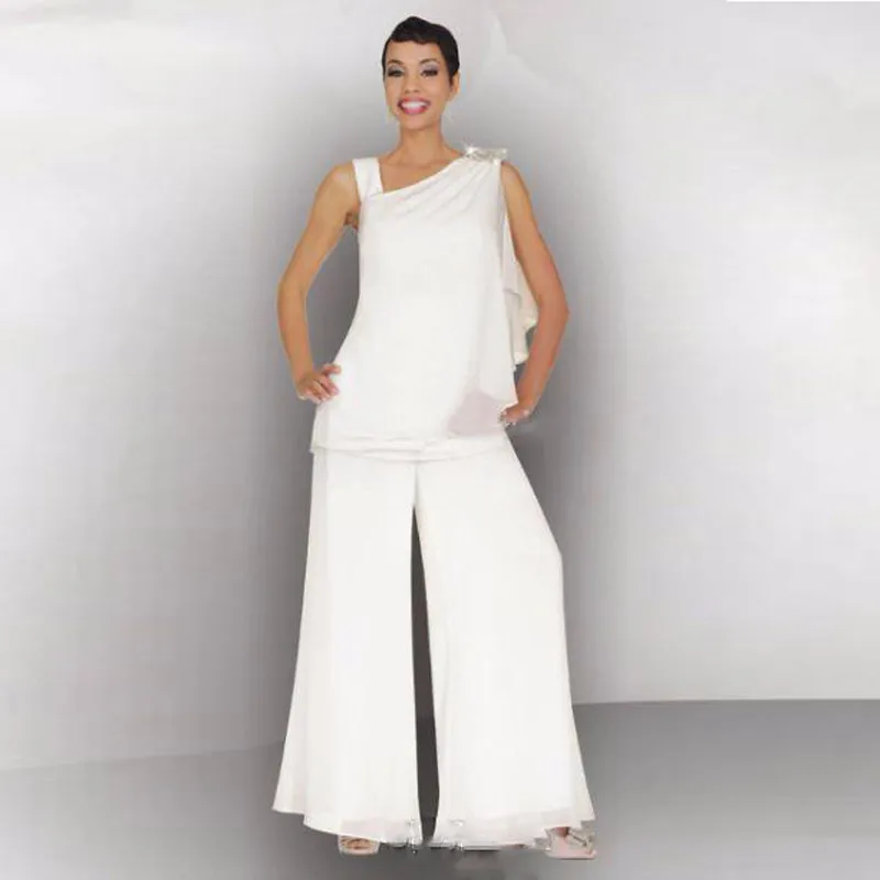 White Chiffon Mother Of The Bride Groom Suits Pants Jacket Plus Size Women Formal Wedding Guest Dresses