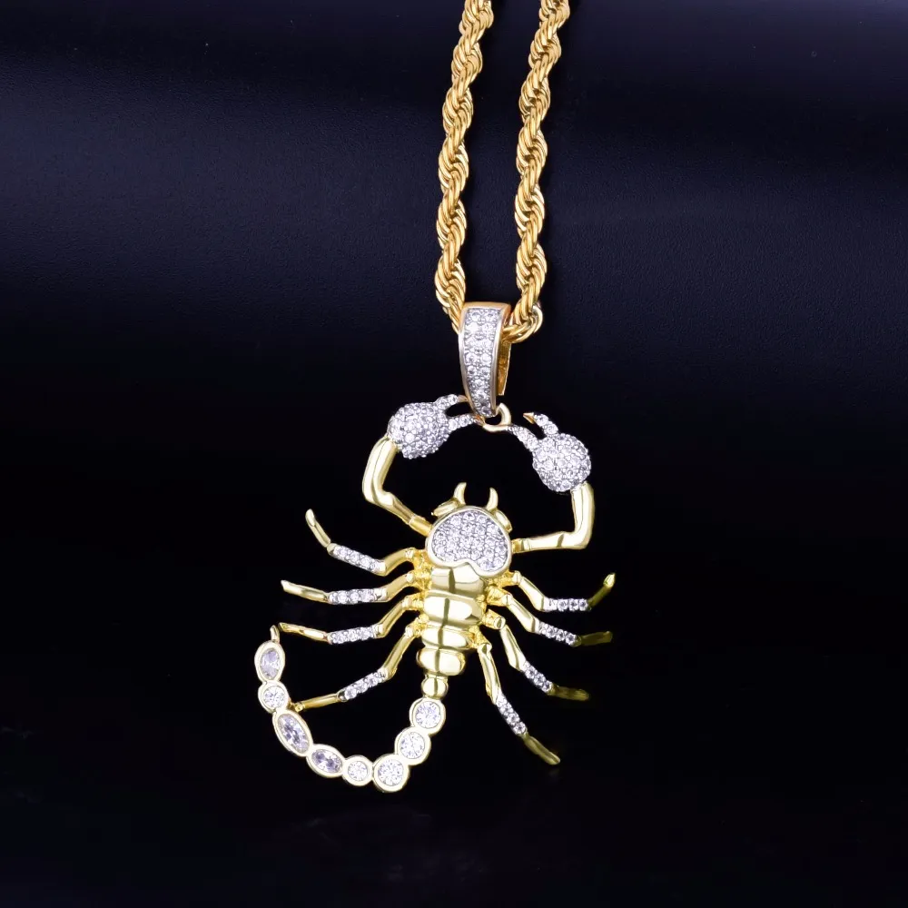 Ciondolo Hip Hop Scorpione animale con collana in oro giallo 18 carati Collana da uomo con zirconi cubici per regalo207z