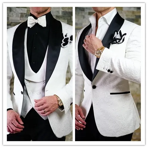 2018 Blanco y negro Paisley Novio Esmoquin Trajes de boda para hombres Estilo británico Traje de hombre por encargo Slim Fit Blazer (Traje + Pantalón + Chaleco)