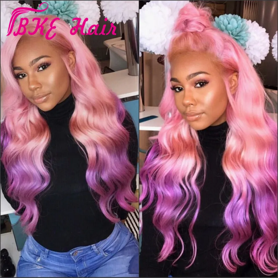 Pink Ombre Purple Peruki Długie Body Wave Włosy Syntetyczne Koronki Przednia Peruki Dla Kobiet Cosplay Party Wigs