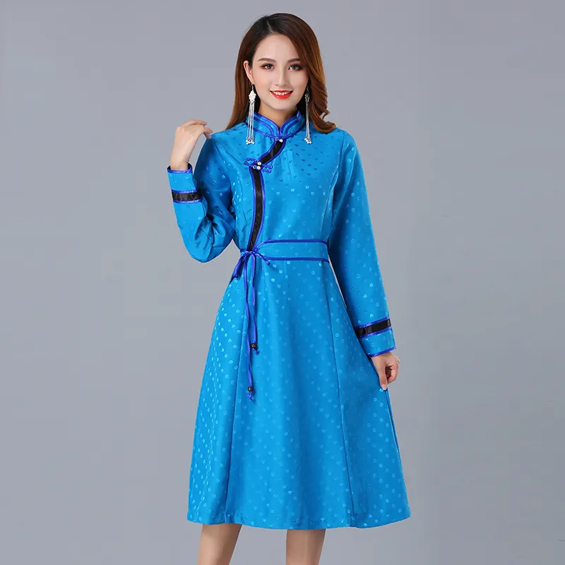 Lente herfst etnische kleding Mongoolse cheongsam vrouwen oa dai qipao jurk lange mouwen robe partij vintage elegante oosterse kostuum