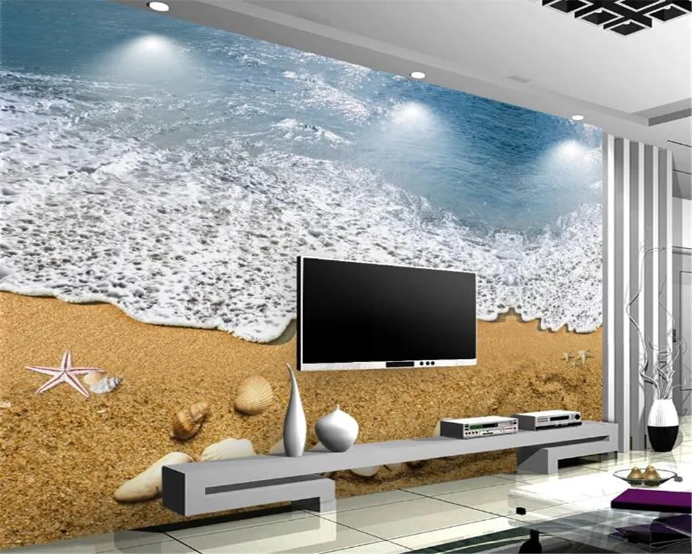 カスタム写真3Dの壁紙ロマンチックなビーチウェーブシェル3Dテレビの背景壁の室内装飾デジタルプリント壁紙