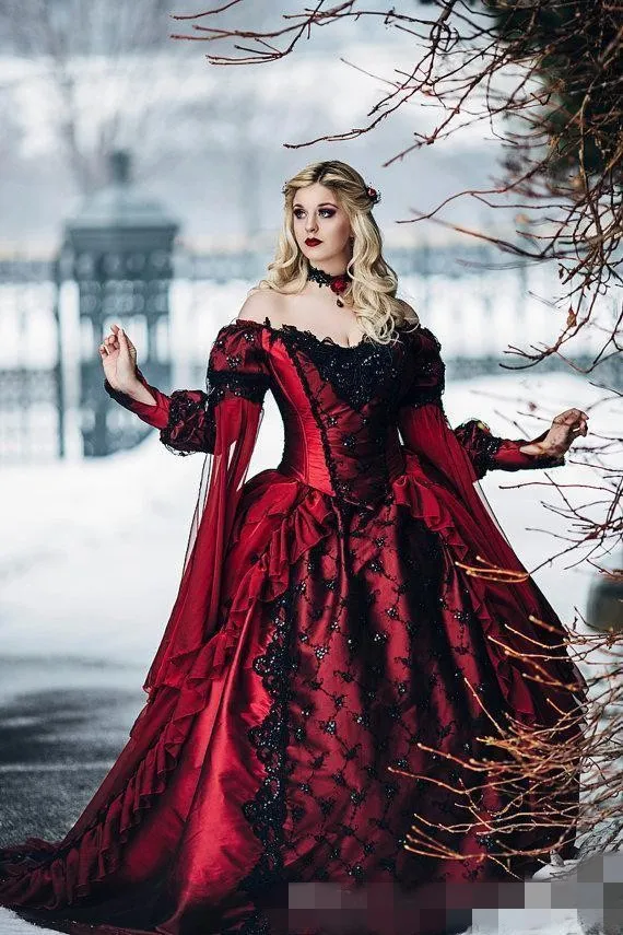 Abiti da sposa gotici bordeaux maniche lunghe a giulietta applique in pizzo nero con paillettes increspature abito da sposa con spalle scoperte su misura taglie forti