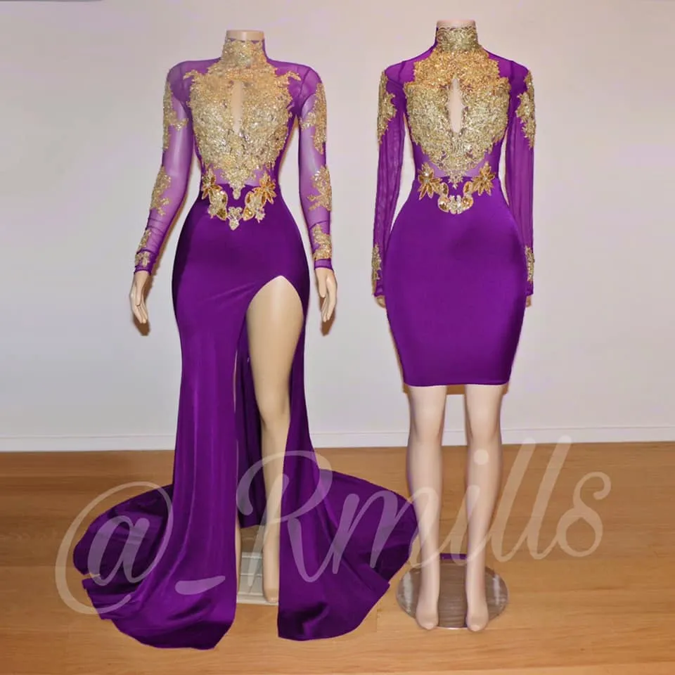 Roxo Curto Longo de Ouro Applique Longo Sereia Vestidos de Noite Mangas Compridas Lado Superior Dividir Vestidos Formais Vestidos de Noite Elegante yousef aljasm