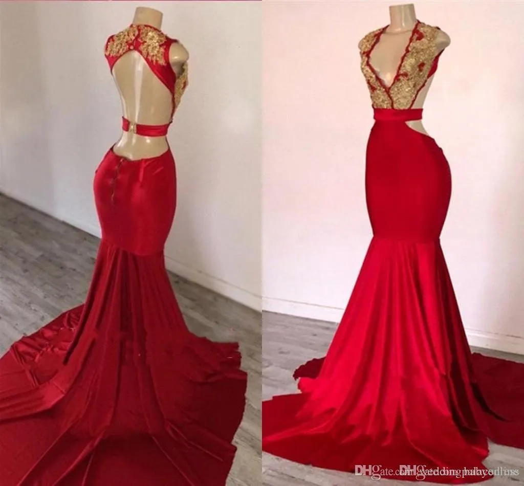 Sexy Neuankömmling Rotes Meerjungfrau-Abschlussballkleid mit tiefem V-Ausschnitt, Goldapplikationen, rückenfrei, Sweep-Zug, Abendkleider, Abendkleider, ogstuff