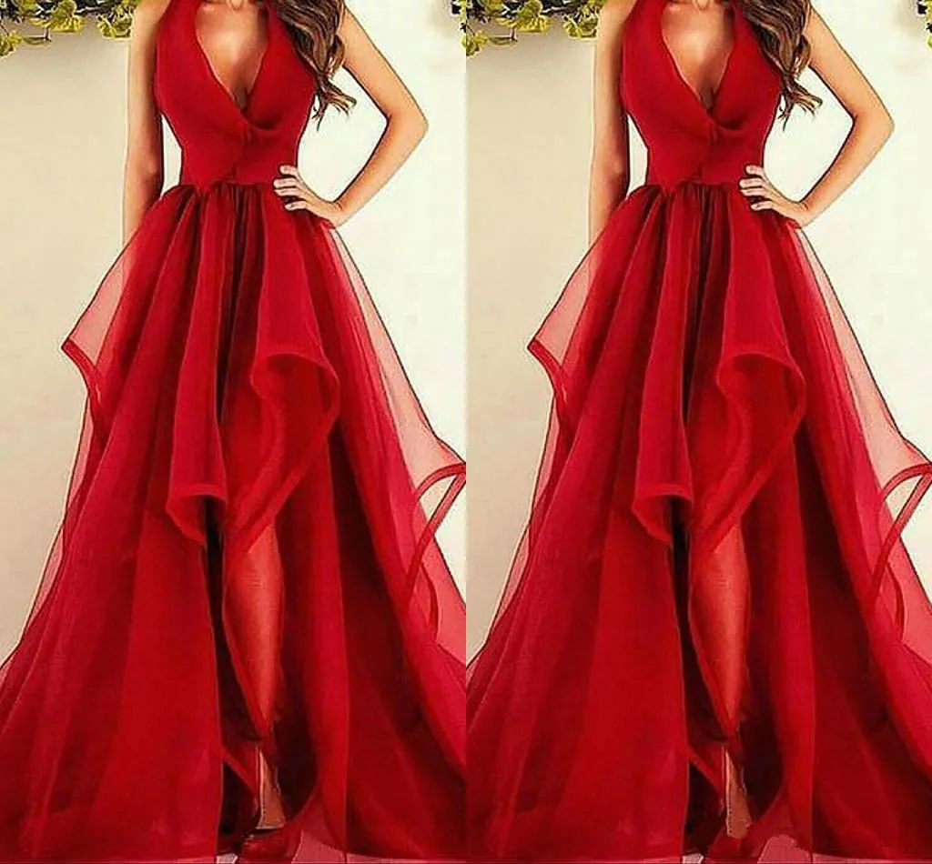 Halter Cocktail Party Evening Prom Dress Trends Red Party Suknia Głęboka V Neck Robe de Soiree Formalna okazja Graduation Suknie Custom Made