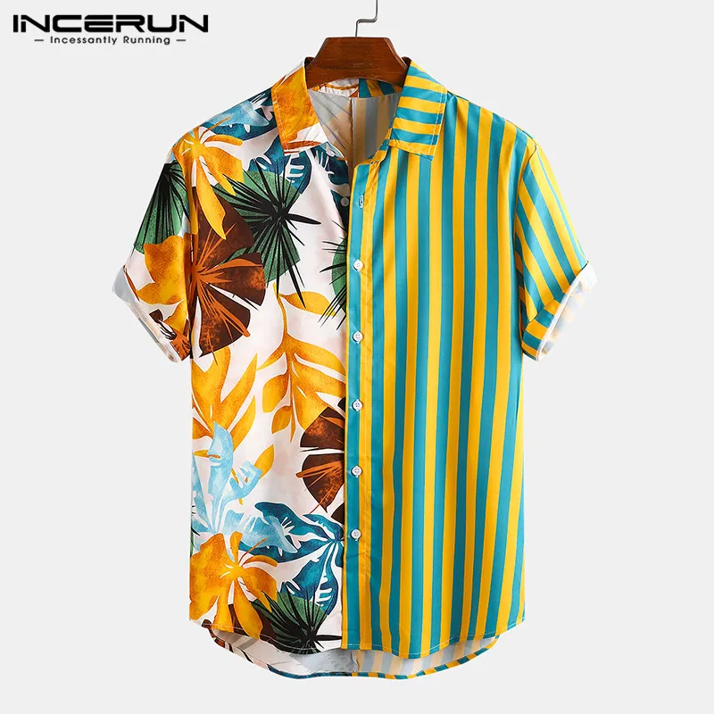 Mode Männer Hawaiian Shirt Kurzarm Streetwear Print Gestreiften Patchwork Sommer Chic Bluse 2020 Strand Camisas INCERUN S-5XL 7