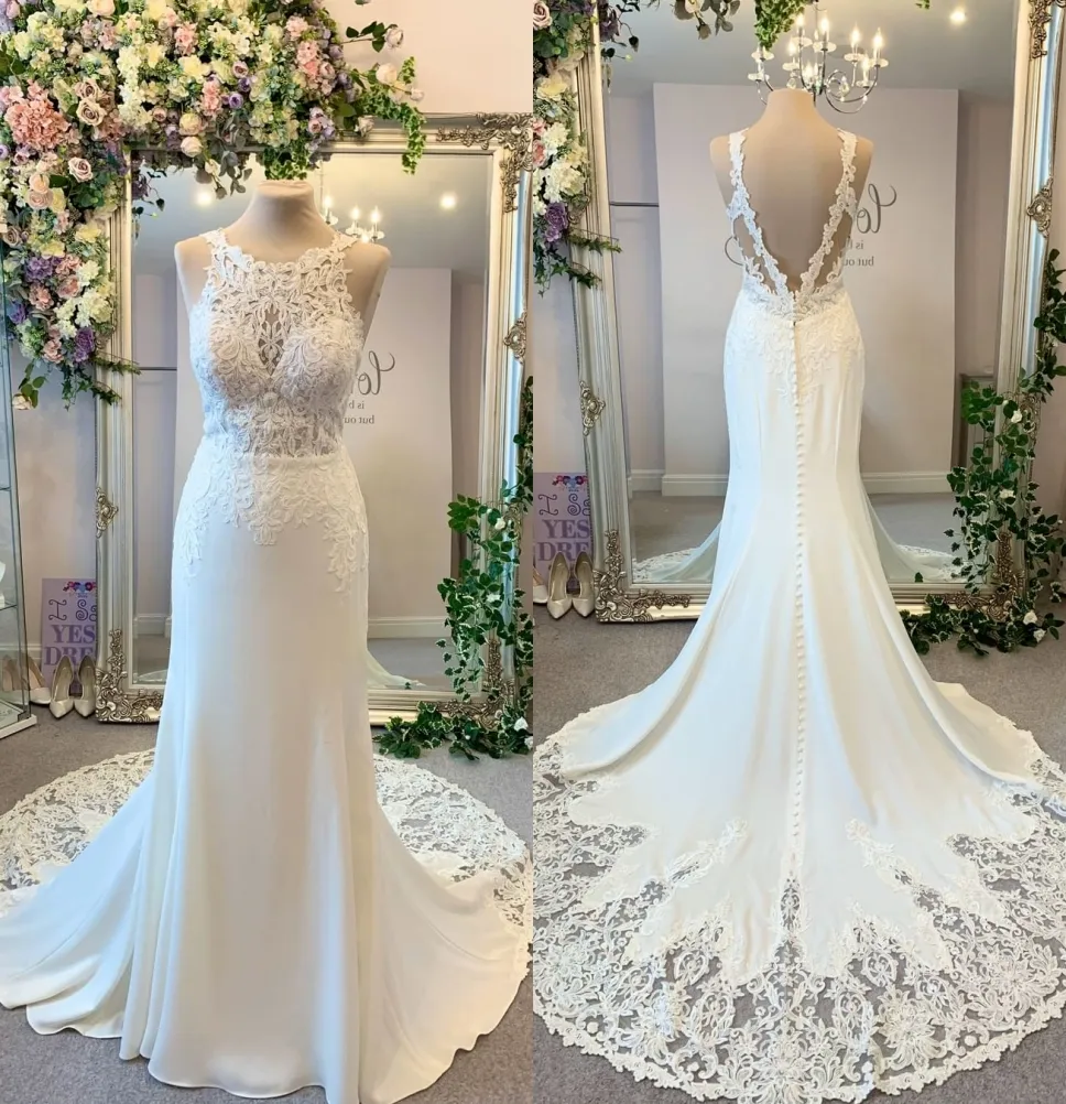 Vestido de novia de satén/encaje 2020 robe de mariage Vestidos de novia románticos elegantes Sirena Espalda sexy vestidos de novia Tren de capilla largo sin mangas