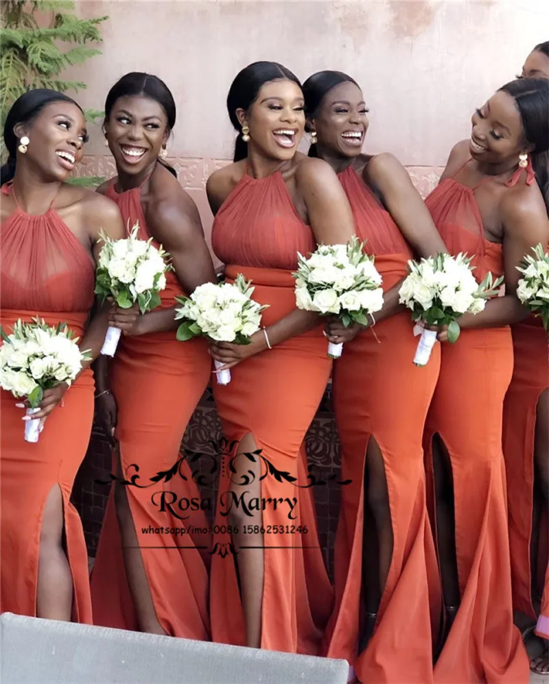 Sexy Orange Plus Size Mermaid Bridesmaids Dresses 2019 Halter High