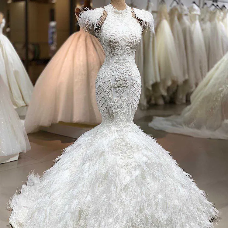 Luxury Beading Mermaid Wedding Dresses Feather Beads, High Collar ...