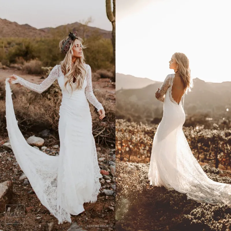 Rustieke landmeermin trouwjurken met lange mouwen 2018 bescheiden vintage backless bohemien kant bruids bruidsjurk USA robe de Mariée