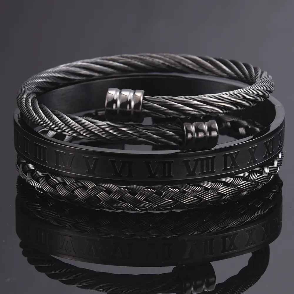 AIDUOMIRZER 3-Piece Men's Bracelet Set - Stainless Steel Braided & Cuff Bracelets With Roman Numerals & Leopard Head - View #4
