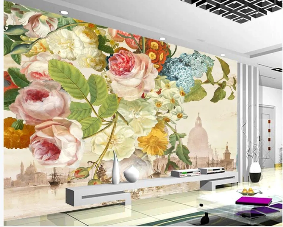 Bela paisagem papéis de parede europeu flor retrô pintura óleo flor moda sala de visitas parede