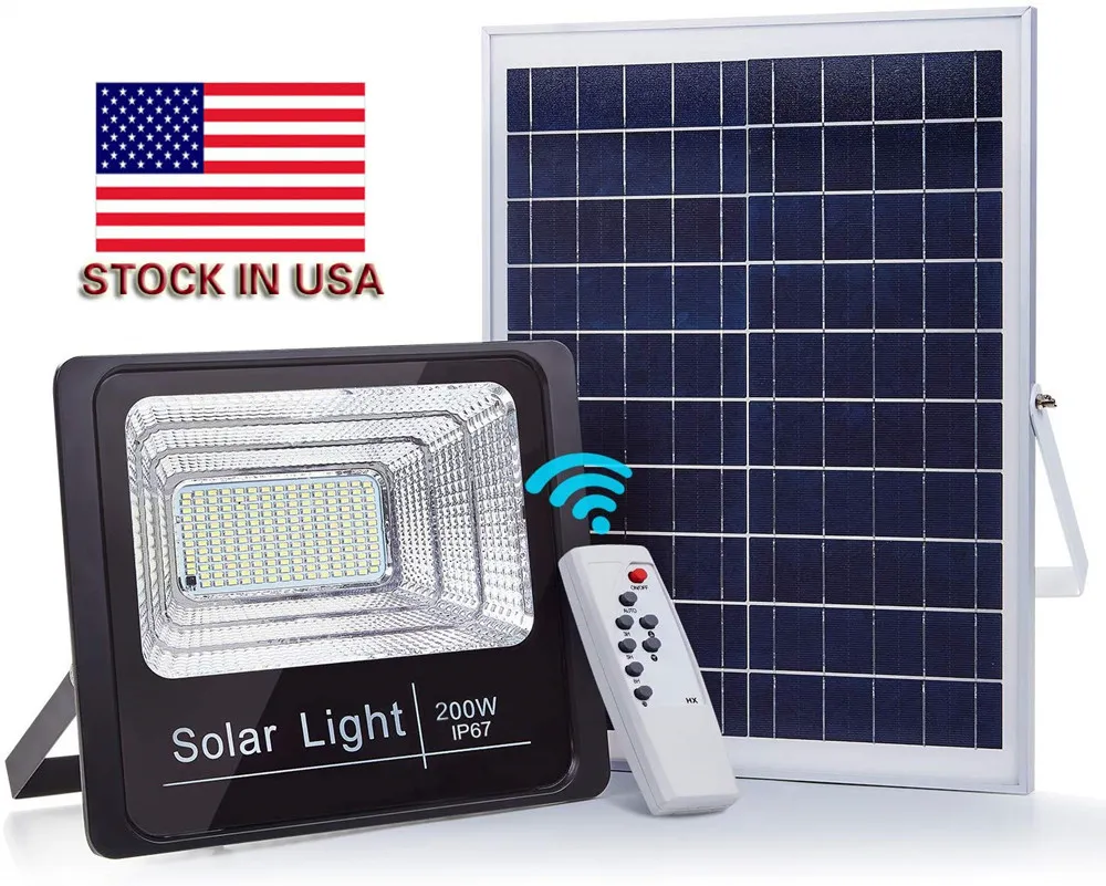 Solar Led Light Spotlight 200W Super Bright Solar Powered Panel schijnwerper Waterdichte IP67 Straatlamp met afstandsbediening + voorraad in ons