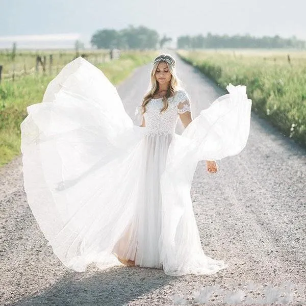 Boho Beach Wedding Boho Wedding dress with Lace Appliques, Jewel Neck, Short Sleeves, Tulle Sweep Train, and Customizable Plus Size Bridal Gowns - Boho Beach Wedding Boho Wedding dress with Lace Appliques, Jewel Neck, Short Sleeves, Tulle Sweep Train, and Customizable Plus Size Bridal Gowns -