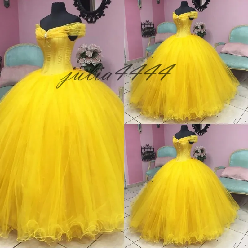 2019 gul cinderella quinceanera klänningar plus storlek utanför axelbollen klänning tulle prom klänningar korsett söt 16 formell klänning