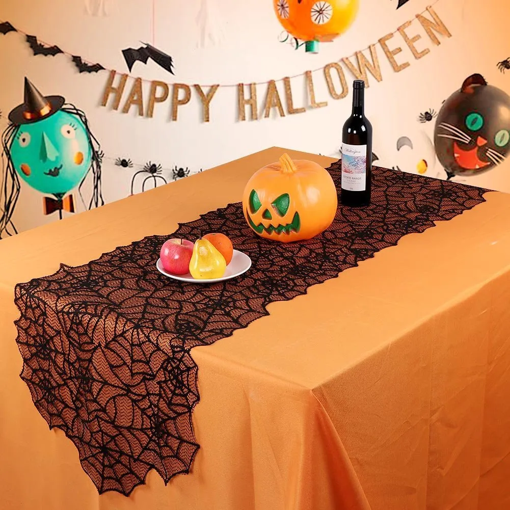 Halloween bord dekoration svart spets spindel webb bordduk eldstad halsduk kreativ tabeller tyg täcke party heminredning gga2684