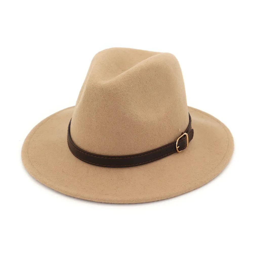 100% laine unisexe Hommes Femmes solide couleur Fedora chapeaux avec boucle de ceinture large Brim Hat Jazz Trilby femmes Robes Église Chapeaux Chapeau
