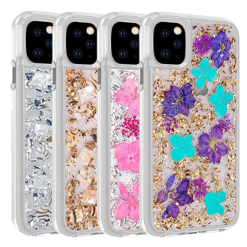 For Iphone 12 Case Women Real Dried Flower Cell Phone Cases Dual Layer Protective Hard PC Soft TPU Cover Compatible with Samsung S21 Ultra