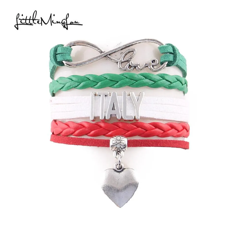 Wholesale- Little MingLou Infinity love Country ITALY Bracelet heart Charm leather wrap men bracelets & bangles for Women jewelry