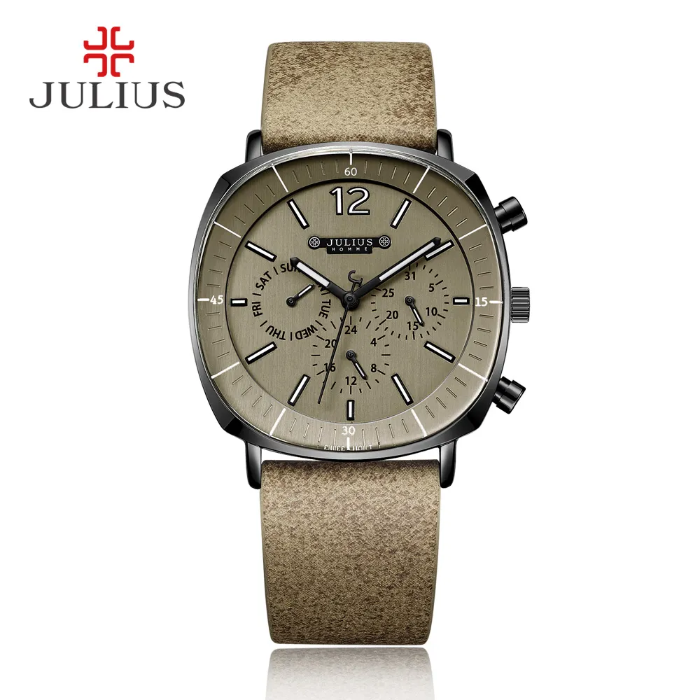 Julius Real Chronograph Men's Business Watch 3 Dials Leather Band Square Face Quartz Wristwatch Watch Gift Jah-098