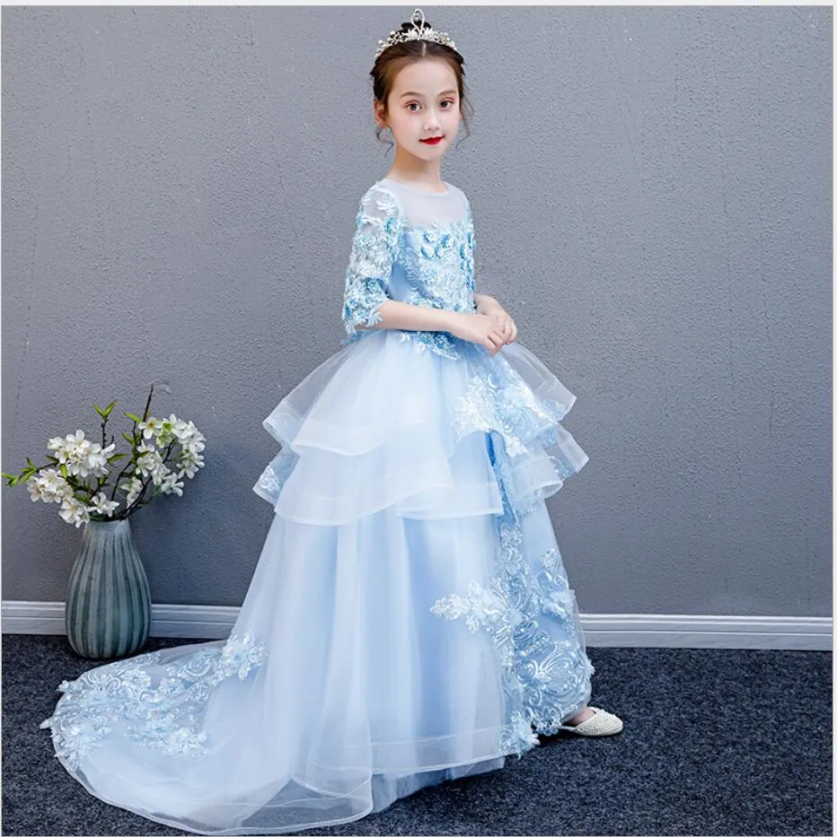 Blue Lace Princess Party Dress For Girls Long Trailing Wedding