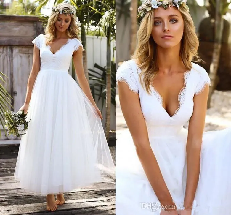 New Vintage anni '50 Lunghezza tè Abiti da sposa corti Pizzo Tulle Modesto Cap Sleeve Scollo a V Bohemian Beach Garden Abiti da sposa vestido de novia