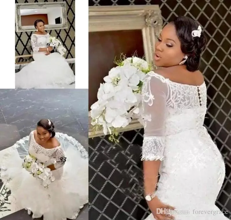 2019 South African Nigerian Lace Appliques Mermaid Abito da sposa fuori dalla spalla lunga Chiesa Giardino Bride Abito da sposa su misura Plus Siz