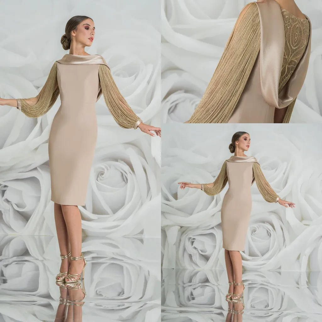 Elegante vestido color champán para madre de la novia, vestidos con borlas, manga larga, encaje hasta la rodilla, vestido moderno para invitados de boda