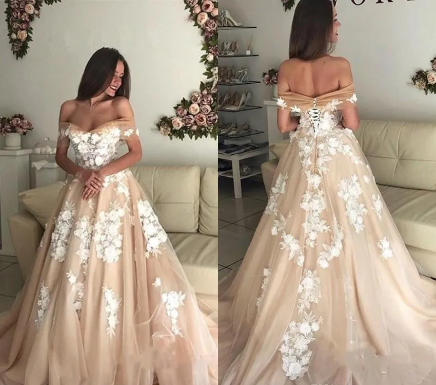 Bahar Champagne Gelinlik 2019 Yeni Güzel Bir Çizgi Aplike Country Garden Kilisesi Örgün Gelin Gelinlik Custom Made Artı boyutu